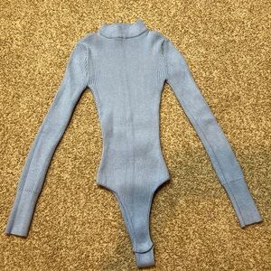 JLUXLABEL Ribbed Knit Turtleneck Bodysuit Blue Long Sleeve Size S